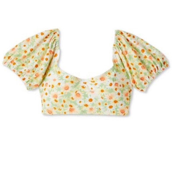 NWT WILD FABLE WOMENS BIKINI TOP PUFF SLEEVE GREEN FLOWER PRINT - Picture 4 of 7
